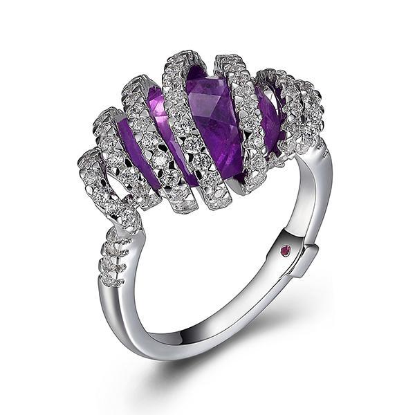 RR4LA5813-W-7 Sterling Silver African Amethyst and Cubic Zirconia Spiral Ring Size 7