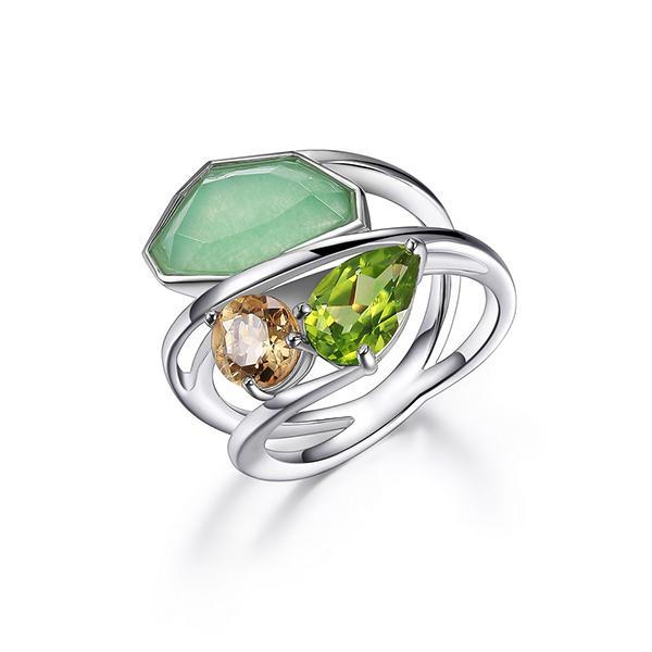 RR4LA72EZ-W-7 Sterling Silver Genuine Dyed Green Quartzite Citrine and Lemon Quartz Ring Size 7