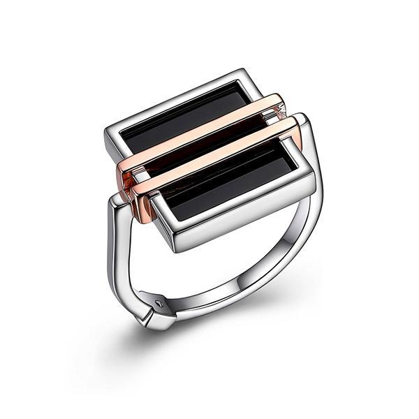 RR4LA9V27-2T-6 Sterling Silver Midnight Genuine Black Agate Square Two Tone Ring Size 6
