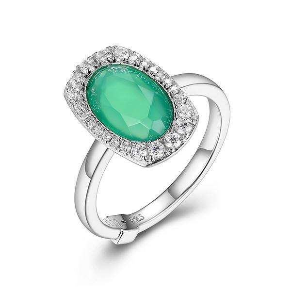 RR4LACDA4-W-8 Sterling Silver AUREOLE Oval Chrysoprase and Cubic Zirconia Ring Size 8
