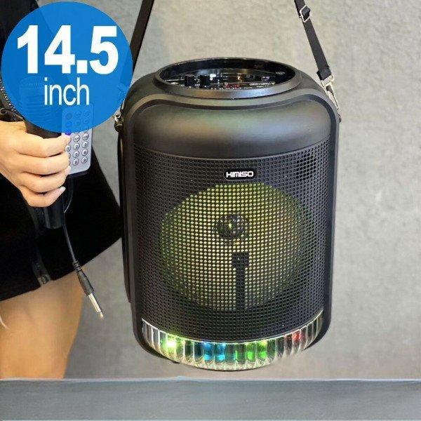 Round Shape Carry Strap Large LED Portable Wireless Bluetooth Speaker with Microphone and Wireless Remote KIQS4001 - Black