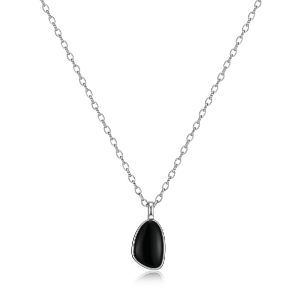 NR0LBVA2-W Pebble Black Agate Triangle Pendant Necklace