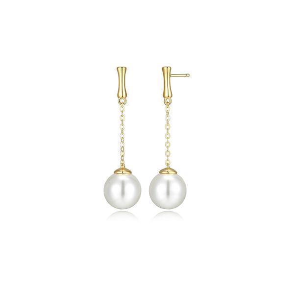 Lucky Bamboo 12mm Shell Pearl Chain Drop Earrings - Gold