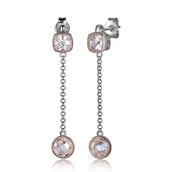 ER2LC4900-2T Sterling Silver Bezel Set Cushion Cut Cubic Zirconia Dangle Two Tone Post Earring