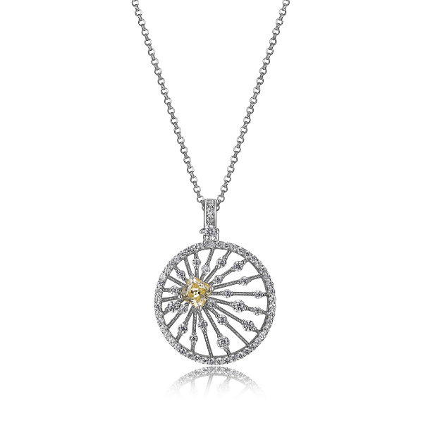NR0LBDK0-W Starburst Yellow Cubic Zirconia Circle Pendant Necklace