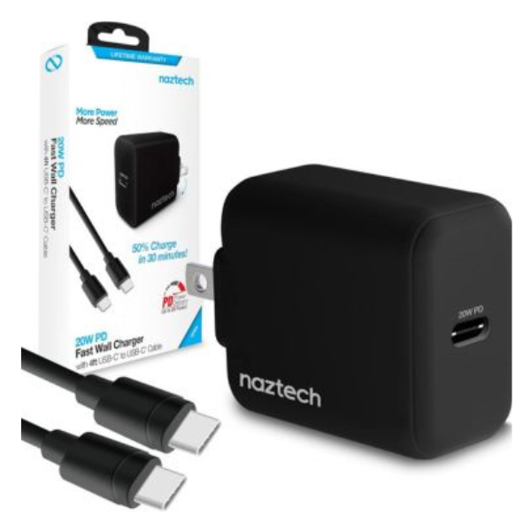 MS53811 Wall Charger 1 Port 20W USB-C PD Fast Charge Compact Foldable Prongs  and  USB-C to USB-C Cable 4ft