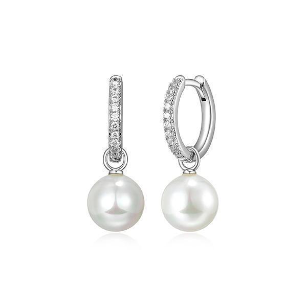 Diamondlite Cubic Zirconia 9mm Shell Pearl Huggie Hoop Earrings - Silver
