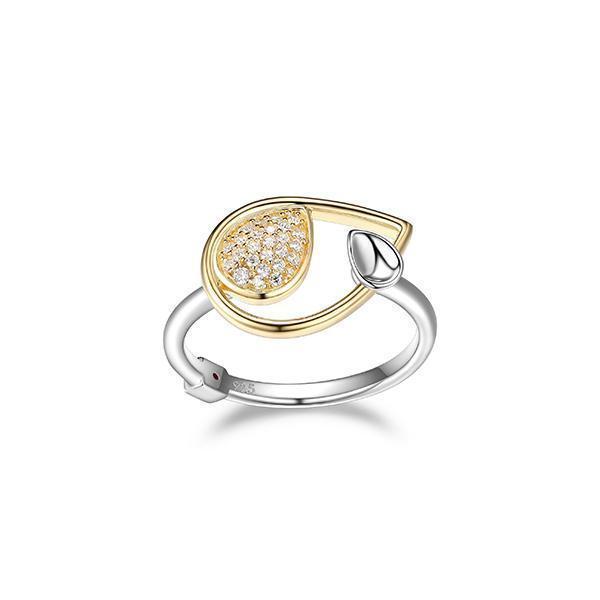 RR4LACW-2T-6 "Moon Shadow" Sterling Silver Pear Shape and Pave Cubic Zirconia Ring - Silver & Gold
