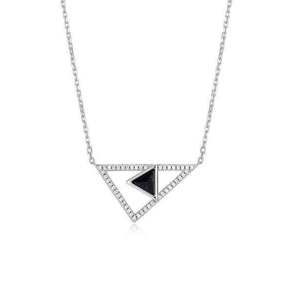 NR0LBN2-W "Spatial" Sterling Silver Black Agate and Pave Cubic Zirconia Triangle Necklace