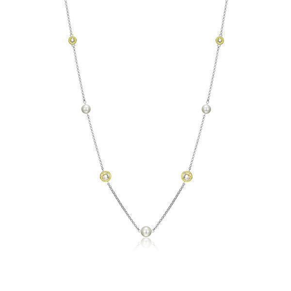 NR0LBPT-2T "Majestic" 2 Tone Sterling Silver with White Pearl and Round Cubic Zirconia Station Necklace