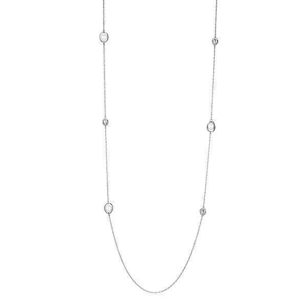 NR0LBV7-W "Luna" Sterling Silver White Pearl and Cubic Zirconia Cage Station Long Necklace