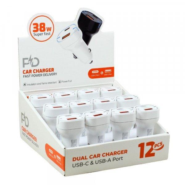 12pc Countertop Display 38W Dual Port USB-A and Type-C Fast Charging Car Charger Adapter for Universal Cell Phone, Device and More - White