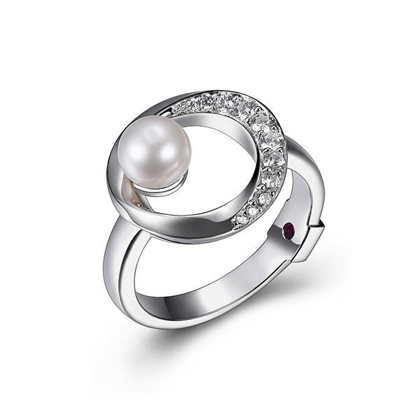 RR4LA9U45-W-6 Sterling Silver Genuine Pearl and Cubic Zirconia Ring Size 6