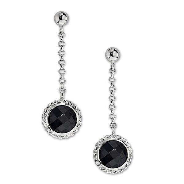 ER2LBEY27-W Sterling Silver Black Agate with Curb Chain Detail Long Chain Post Earrings