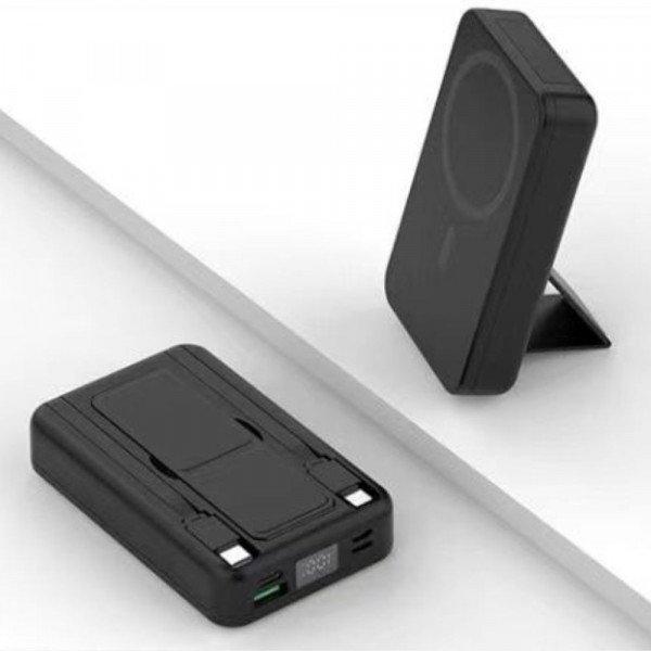 10000mAh Fast Charging Magsafe Magnetic Power Bank Built-in USB-C & Lightning Cables with Kickstand for Universal Cell Phone And Devices - Black