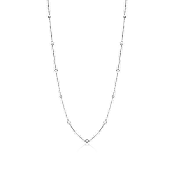 NR0LBPW-W "Majestic" Sterling Silver with White Pearl and Round Cubic Zirconia Bead Station Necklace