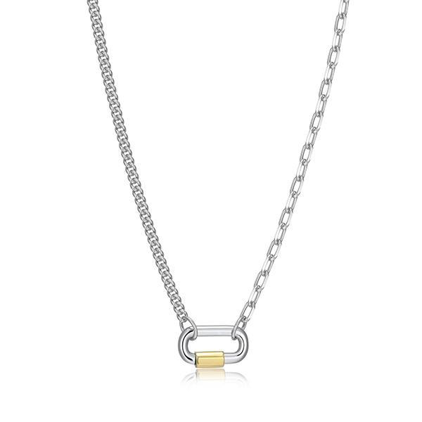 NR0ADL6A0-2T-18 Sterling Silver Carabiner Link Half Cable and Curb Chain Two Tone Necklace Size 18