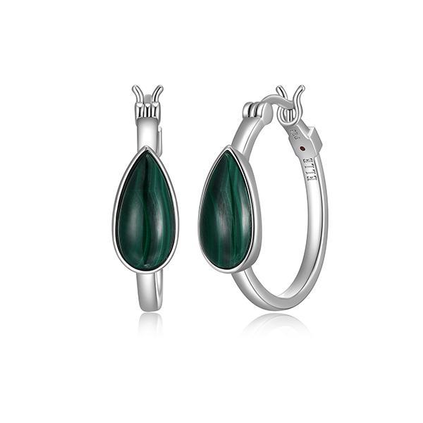 ER2LCR030-W Sterling Silver ETHEREAL DROPS Genuine Malachite  24mm Hoop Earrings