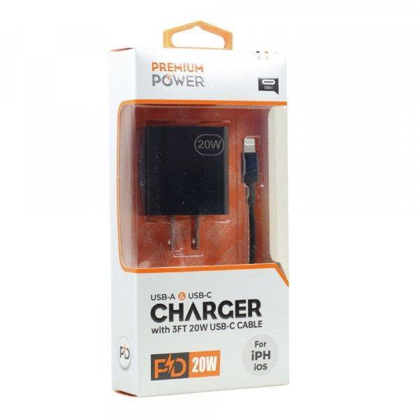 2in1 Wall 20W PD Fast Power Delivery Charger with 3FT USB-C to IP Lighting Cable for iPhone, iDevice - Wall - Black