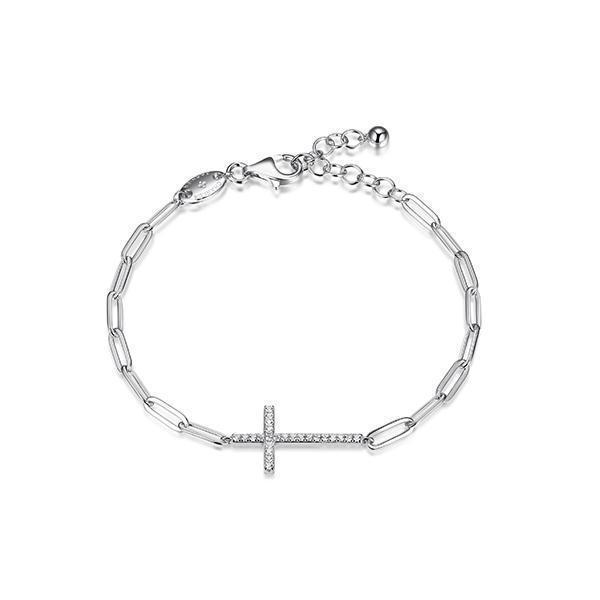 BCGR1Q19H-W Sterling Silver "PAPERCLIP" 3.5mm CZ Side Way Cross Link Bracelet - Silver