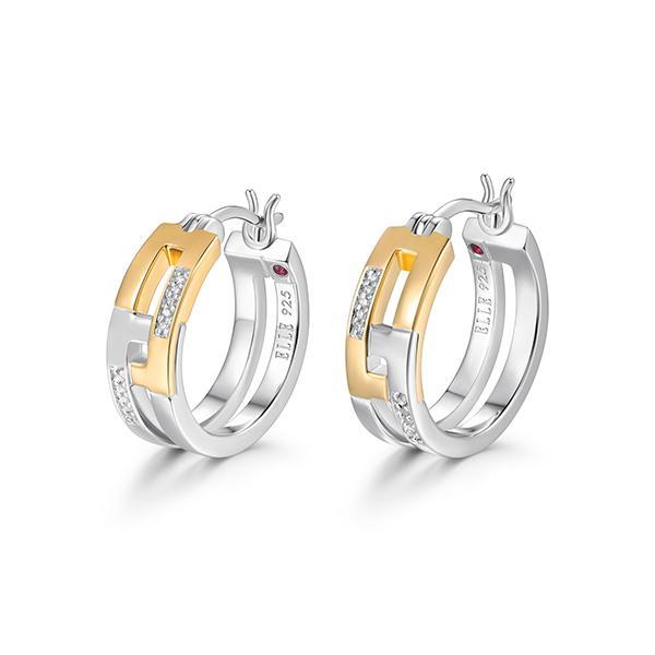 ER2LCGT00-2T Sterling Silver HORIZON Interlocking Filigree Cubic Zirconia Hoop Two Tone Earrings
