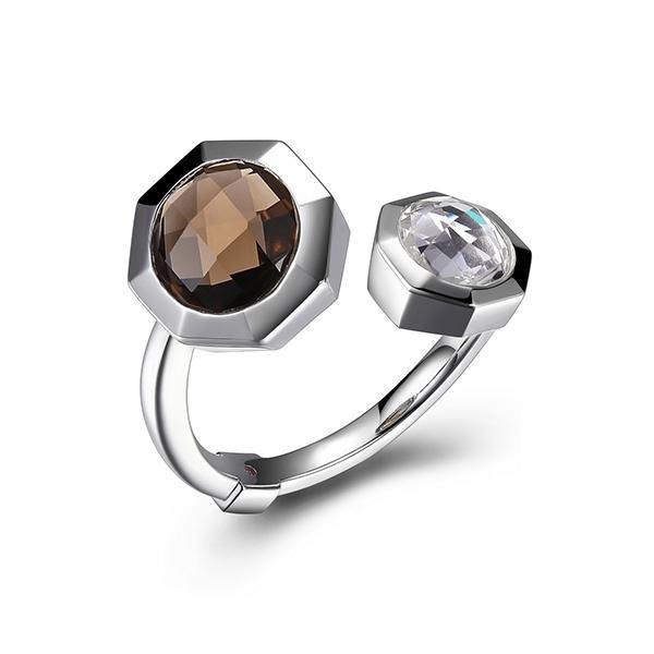 RR4LA94CB-W-7 Sterling Silver Genuine Smoky Quartz and Clear Quartz Bypass Ring Size 7