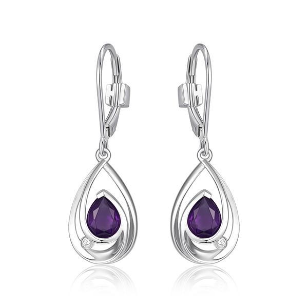 ER2LCH413-W Sterling Silver PURITY Pear Shape Amethyst and Two 1 Point Diamond Leverback Dangle Earrings