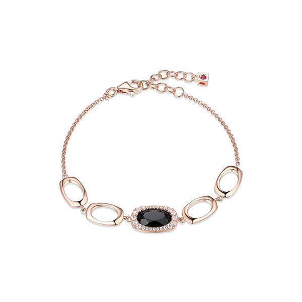 B31LAJD-R "Aureole" Sterling Silver Black Agate Oval & Cubic Zirconia with Link Bracelet - Rose Gold