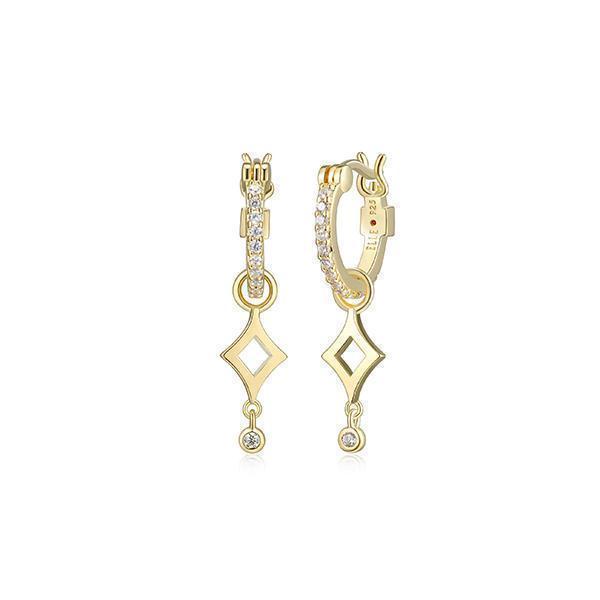 E32LCJP-Y "Stellar" Sterling Silver Gold Plated Plain Rhombus Drop with Cubic Zirconia Hoop Earrings