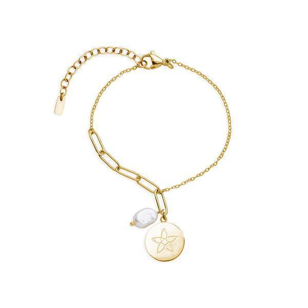 CJ Steelx Fresh Water Pearl and Flower Disc Charm Bracelet - Gold