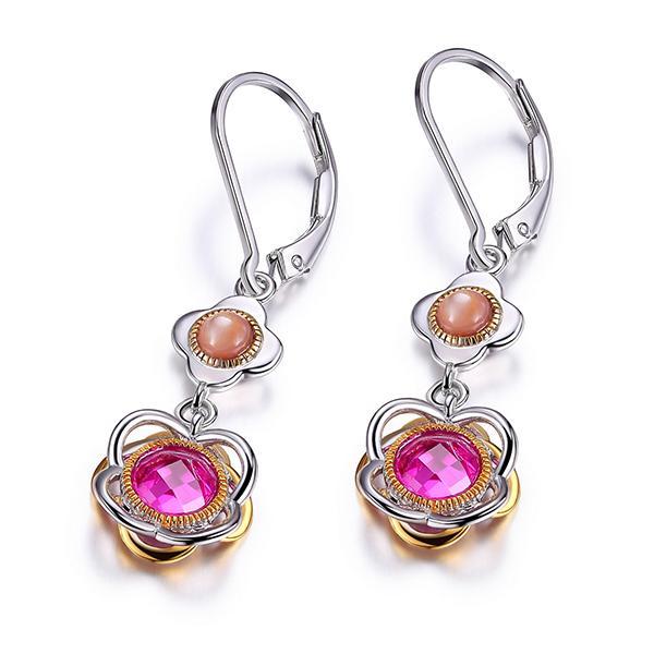 ER2LC3F52-2T Sterling Silver Simulated Pink Corundum and Purple Mother of Pearl Dangle Two Tone Leverback Earrings