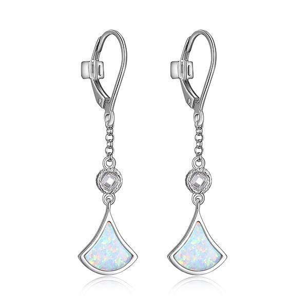 ER2LCFG39-W Sterling Silver DELTA Triangular Created Opal and Round Cubic Zirconia Dangle Earrings