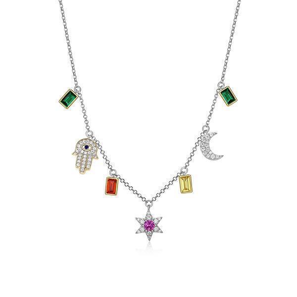 Diamondlite Cubic Zirconia "Mystique" Multi-coloured Stone Charm Necklace - Silver and Gold - Jewellery