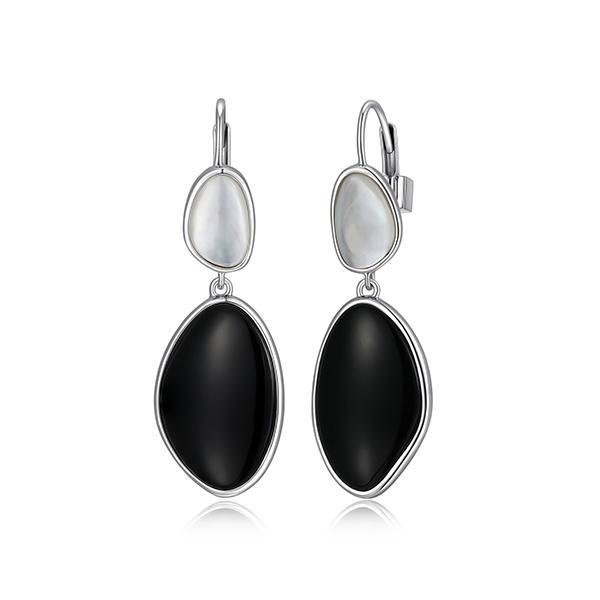 ER2LCQN27-W Sterling Silver PEBBLE Black Agate and White Mother of Pearl Leverback Earrings