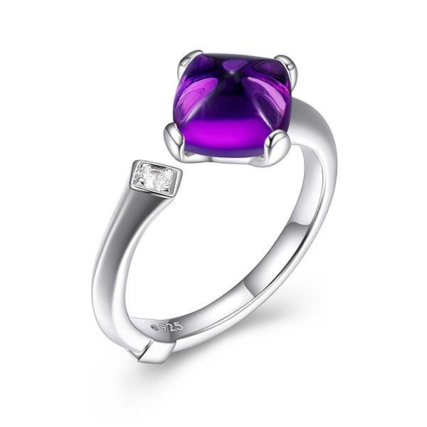 RR4LABRBY-W-9 Sterling Silver  Marble Cushion Cut Synthetic Amethyst Crystal and Cubic Zirconia Open Ring Size 9