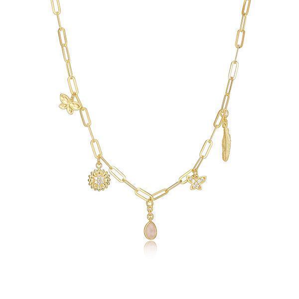Poetic Collection Diamondlite Cubic Zirconia and Rose Quartz Paperclip Multi-charm Necklace - Gold