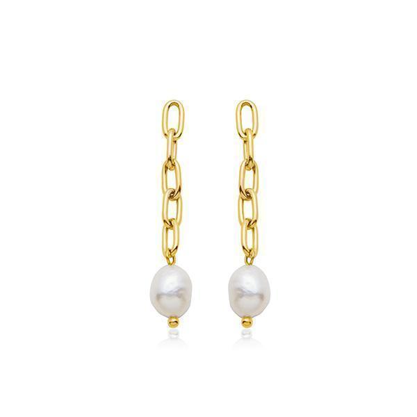 CJ Steelx Link Earrings with Fresh Water Pearl - Gold