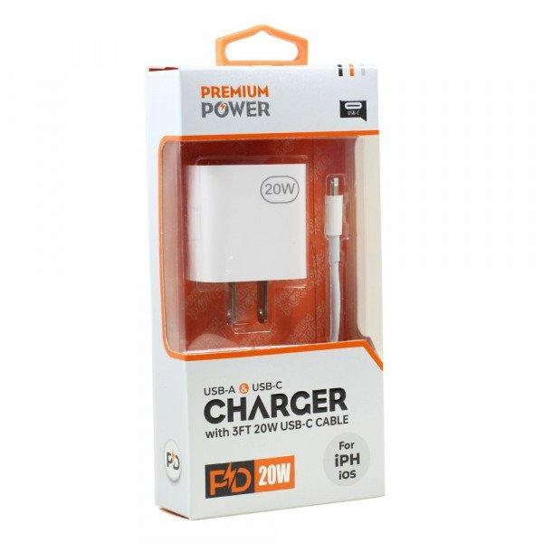 2in1 Wall 20W PD Fast Power Delivery Charger with 3FT USB-C to IP Lighting Cable for iPhone, iDevice - Wall - White