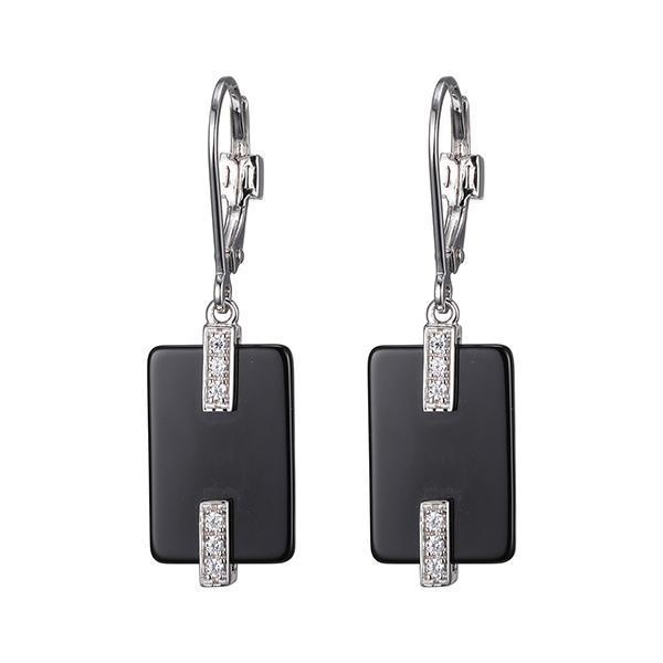 ER2LCDW27-W Sterling Silver MIDNIGHT Black Agate Cubic Zirconia Drop Earrings