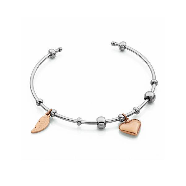CJ Steelx Open Bangle with IP Rose Leaf and Heart Charm - Rose and Silver