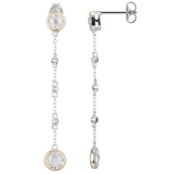 ER2LBV600-2T Sterling Silver  Bezel Set Cubic Zirconia Dangle Two Tone Post Earrings