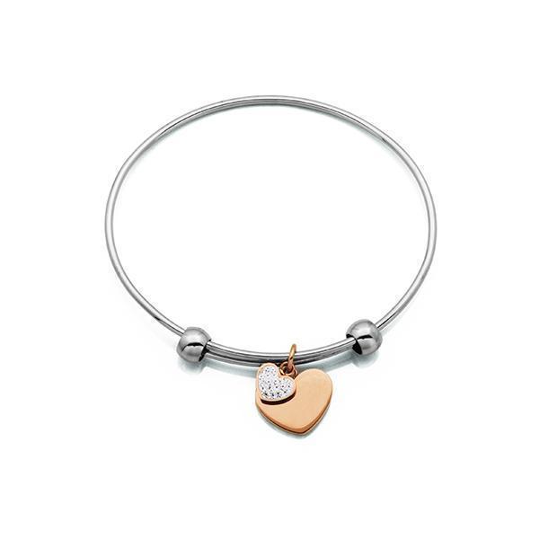 CJ Steelx Stretchable Bangle with Heart Charms - Silver and Rose Gold