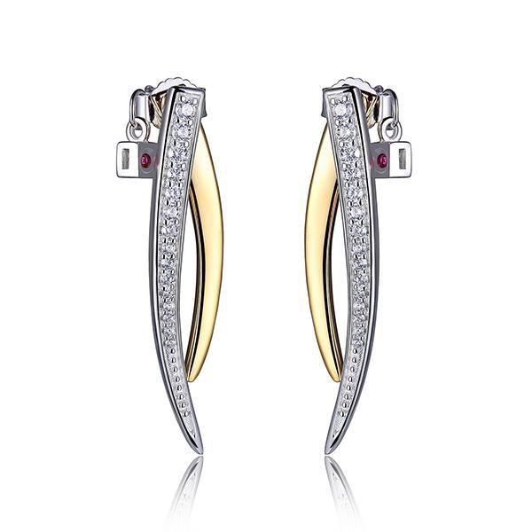 ER2LCA097-2T Sterling Silver Cubic Zirconia Double Horn Front and Back Two Tone Post Earrings