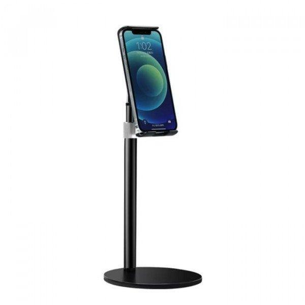 Phone and Tablet Holder Mount with Telescopic Alloy Rod 45cm Long Floor Stand Flexible 360° Rotation, Solid Metal Base - Black