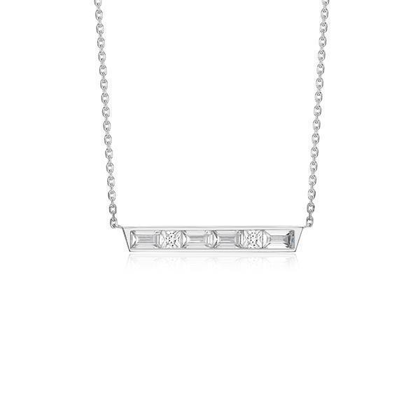 NR0LBY8-W "Baguette" Straight Baguette & Square Cubic Zirconia Bar Necklace
