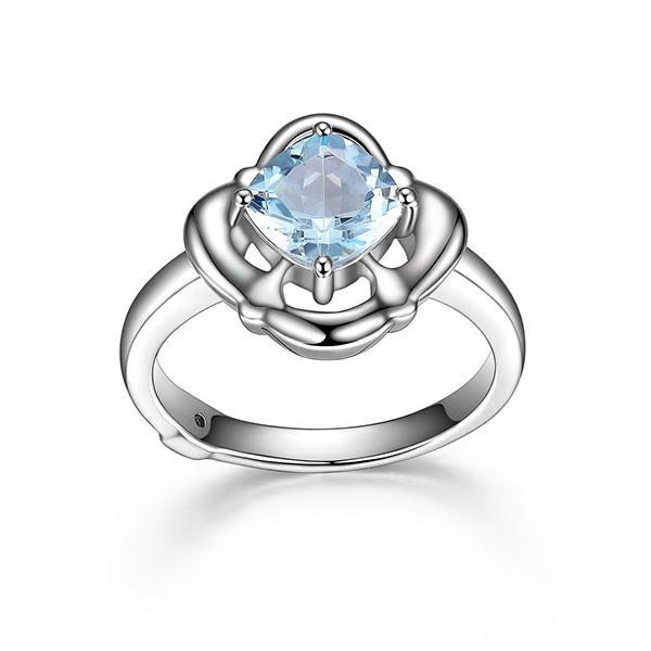 RR4LA7J12-W-7 Sterling Silve Cushion Cut Genuine Sky Blue Topaz Clover Ring Size 7