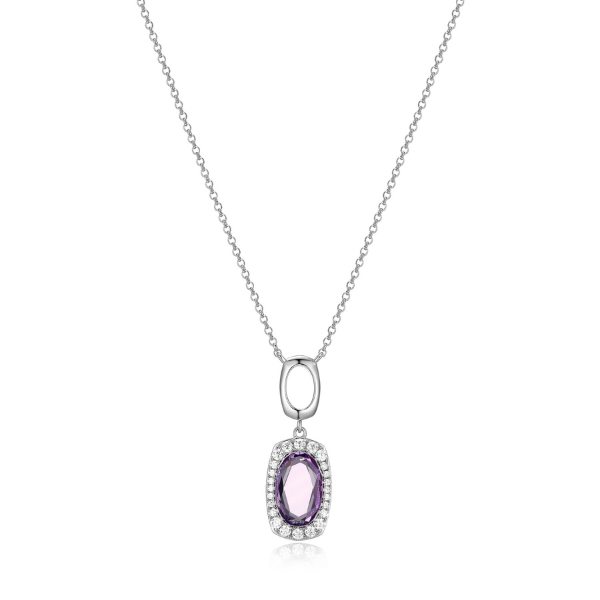 NR0LBLK2-W Aureole Oval Amethyst and Cubic Zirconia Necklace