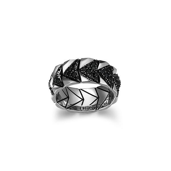 Sterling silver CJ Ethos CHEVRON rhodium plated with genuine black sapphire 9mm wide band - Size 12