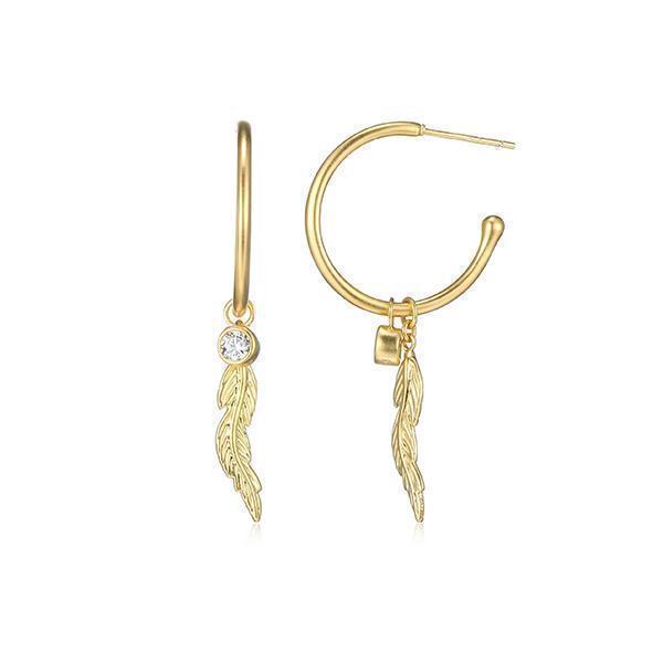Poetic Collection 22mm Diamondlite Cubic Zirconia Round Bezel and Feather Charm Earrings - Gold