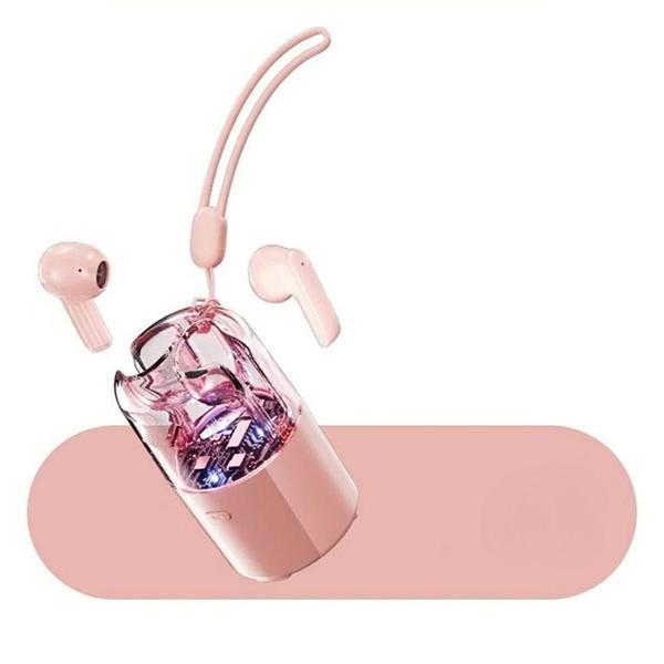 Portable Wireless Bluetooth TWS Headphones with Speaker Charging Case - RGB Lights and Transparent Design KITC60 for Universal Cell Phone And Bluetooth Device - Pink